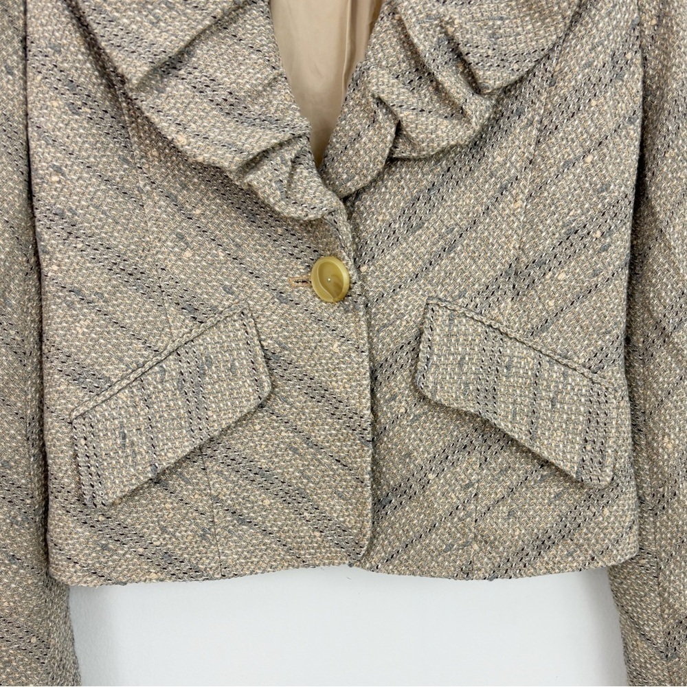 BCBGMaxazria Tan Tweed Wool Ruffle Lapel Neck Blazer Jacket Size Small - Picture 9 of 16